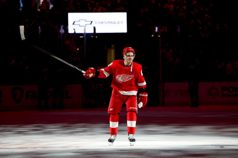 Dec 22, 2023; Detroit, Michigan, USA;  Detroit Red Wings right wing Patrick Kane (88) celebrates after defeating the Philadelphia Flyers at Little Caesars Arena. Mandatory Credit: Rick Osentoski-USA TODAY Sports