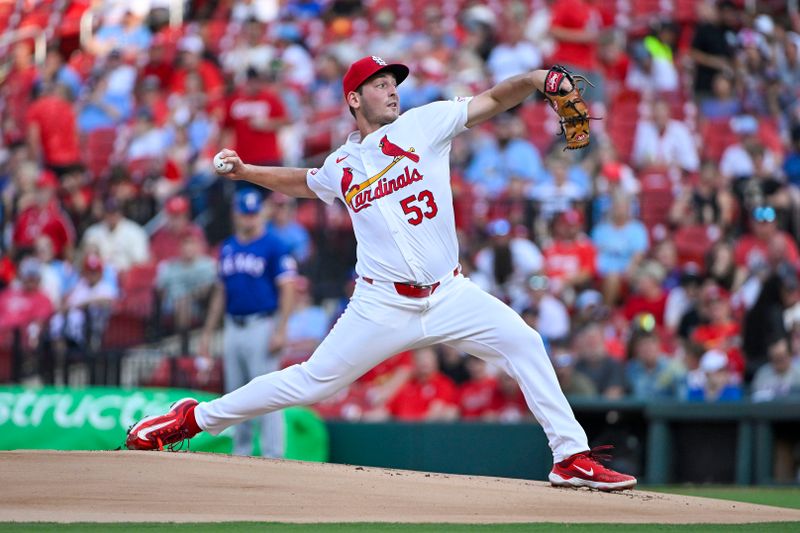 Jul 29, 2024; St. Louis, Missouri, USA;  St. Louis Cardinals starting pitcher Andre Pallante (53) pitches against the Texas Rangers during the first inning at Busch Stadium. Mandatory Credit: Jeff Curry-USA TODAY Sports