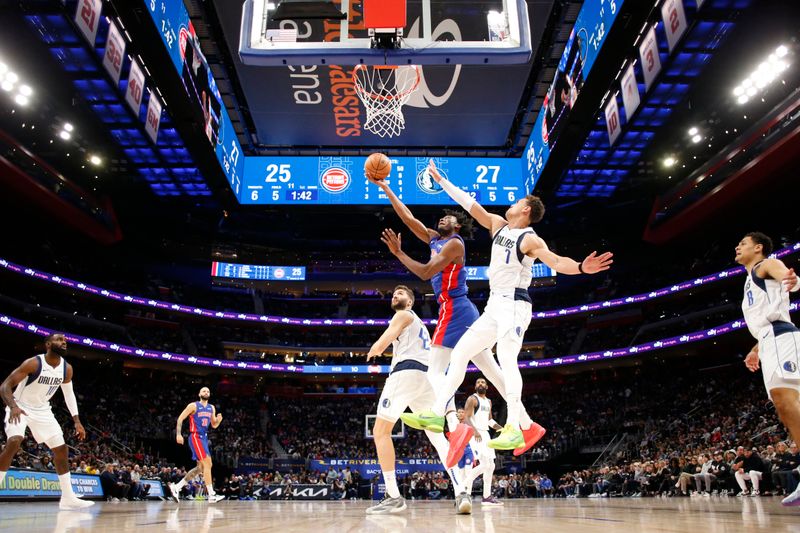 DETROIT, MI - MARCH 9: James Wiseman #13 of the Detroit Pistons drives to the basket during the game against the Dallas Mavericks on March 9, 2024 at Little Caesars Arena in Detroit, Michigan. NOTE TO USER: User expressly acknowledges and agrees that, by downloading and/or using this photograph, User is consenting to the terms and conditions of the Getty Images License Agreement. Mandatory Copyright Notice: Copyright 2024 NBAE (Photo by Brian Sevald/NBAE via Getty Images)