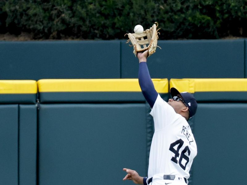 May 15, 2024; Detroit, Michigan, USA;  Detroit Tigers outfielder Wenceel Pérez (46) makes a catch in the eighth inning against the Miami Marlins at Comerica Park. Mandatory Credit: Rick Osentoski-USA TODAY Sports