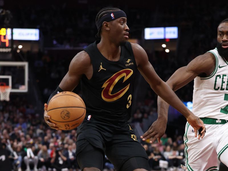 CLEVELAND, OH - MARCH 5: Caris LeVert #3 of the Cleveland Cavaliers dribbles the ball during the game against the Boston Celtics on March 5, 2024 at Rocket Mortgage FieldHouse in Cleveland, Ohio. NOTE TO USER: User expressly acknowledges and agrees that, by downloading and/or using this Photograph, user is consenting to the terms and conditions of the Getty Images License Agreement. Mandatory Copyright Notice: Copyright 2024 NBAE (Photo by Lauren Leigh Bacho/NBAE via Getty Images)