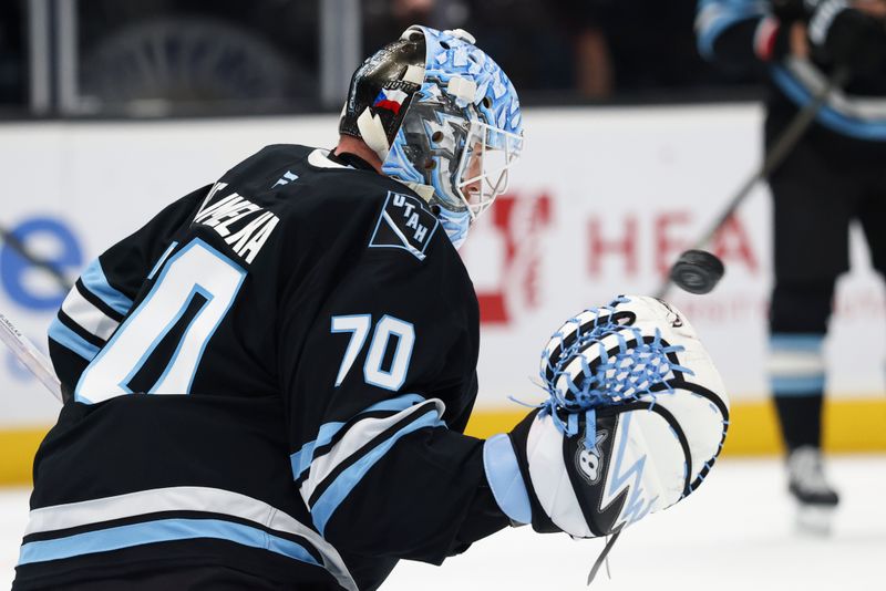 Feb 2, 2026; Salt Lake City, Utah, USA; Utah Mammoth goaltender Karel Vejmelka (70) warms up before a game against the Vancouver Canucks at Delta Center. Mandatory Credit: Rob Gray-Imagn Images