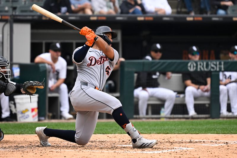 Jun 5, 2025; Chicago, Illinois, USA;  Detroit Tigers outfielder Wenceel Pérez (46) homers during the seventh inning against the Chicago White Sox at Rate Field. Mandatory Credit: Matt Marton-Imagn Images