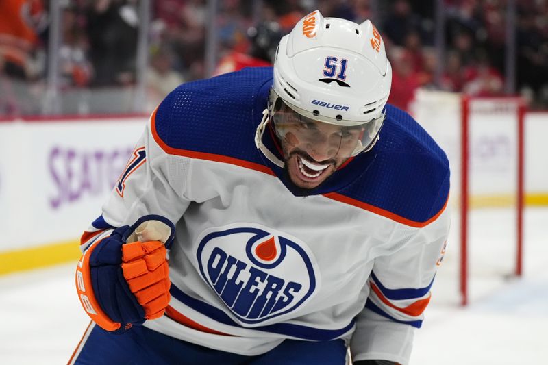 Nov 20, 2023; Sunrise, Florida, USA; Edmonton Oilers left wing Evander Kane (91) celebrates his goal against the Florida Panthers during the first period at Amerant Bank Arena. Mandatory Credit: Jasen Vinlove-USA TODAY Sports