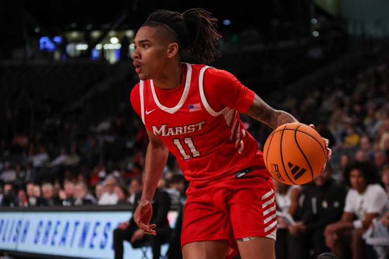 Dec 16, 2025; Atlanta, Georgia, USA; Marist Red Foxes forward Jaden Daughtry (11) dribbles against the Georgia Tech Yellow Jackets in the first half at McCamish Pavilion. Mandatory Credit: Brett Davis-Imagn Images