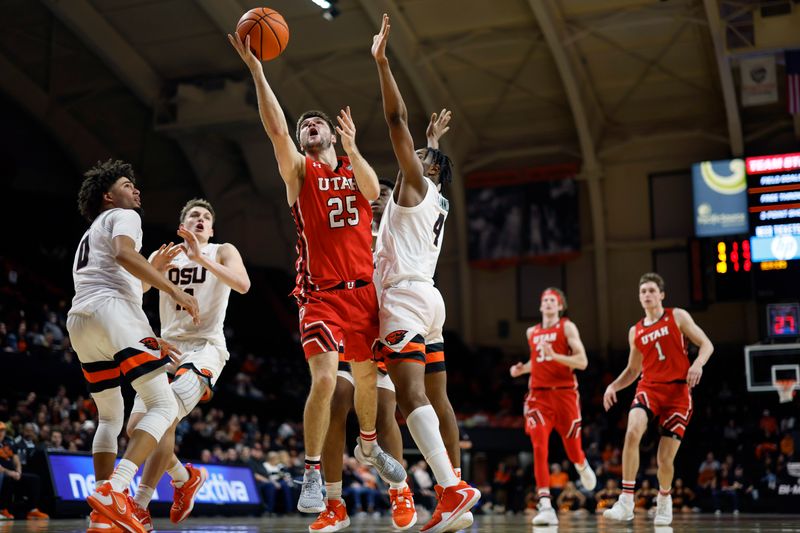 Jan 26, 2023; Corvallis, Oregon, USA; Utah Utes guard Rollie Worster (25) shoots the ball against Oregon State Beavers guard Dexter Akanno (4) during the second half at Gill Coliseum. Mandatory Credit: Soobum Im-USA TODAY Sports