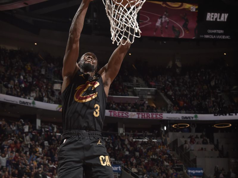 CLEVELAND, OH - November 15: Caris LeVert #3 of the Cleveland Cavaliers dunks the ball during the game against the Chicago Bulls during the Emirates NBA Cup game on November 15, 2024 at Rocket Mortgage FieldHouse in Cleveland, Ohio. NOTE TO USER: User expressly acknowledges and agrees that, by downloading and/or using this Photograph, user is consenting to the terms and conditions of the Getty Images License Agreement. Mandatory Copyright Notice: Copyright 2024 NBAE (Photo by David Liam Kyle/NBAE via Getty Images)