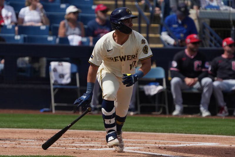 Mar 16, 2025; Phoenix, Arizona, USA; Milwaukee Brewers outfielder Sal Frelick (10) hits against the Cleveland Guardians in the first inning at American Family Fields of Phoenix. Mandatory Credit: Rick Scuteri-Imagn Images