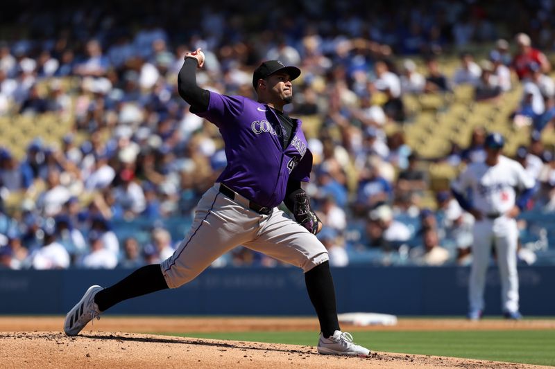 Sep 22, 2024; Los Angeles, California, USA;  Colorado Rockies starting pitcher Antonio Senzatela (49) pitches during the second inning against the Los Angeles Dodgers at Dodger Stadium. Mandatory Credit: Kiyoshi Mio-Imagn Images