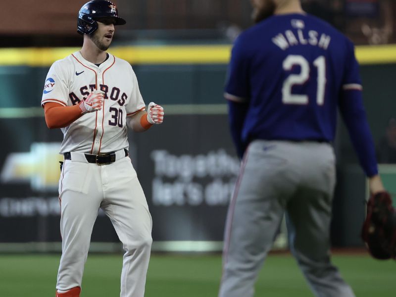 Apr 13, 2024; Houston, Texas, USA;  Houston Astros right fielder Kyle Tucker (30) reacts to his RBI double against  the Texas Rangers in the fifth inning at Minute Maid Park. Mandatory Credit: Thomas Shea-USA TODAY Sports