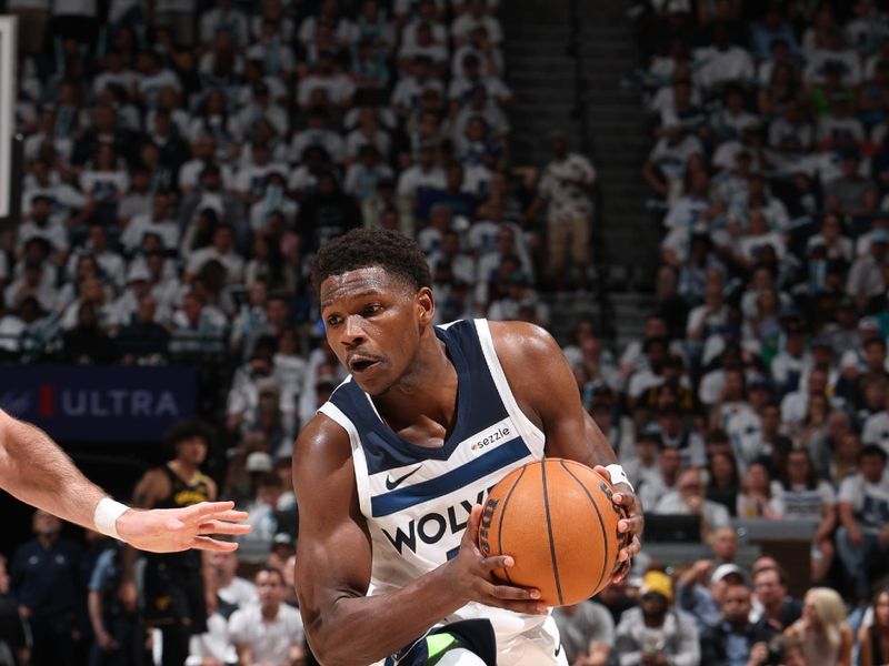 MINNEAPOLIS, MN - MAY 6: Anthony Edwards #5 of the Minnesota Timberwolves handles the ball during the game against the Golden State Warriors during Round Two Game One of the 2025 NBA Playoffs on May 6, 2025 at Target Center in Minneapolis, Minnesota. NOTE TO USER: User expressly acknowledges and agrees that, by downloading and or using this Photograph, user is consenting to the terms and conditions of the Getty Images License Agreement. Mandatory Copyright Notice: Copyright 2025 NBAE (Photo by David Sherman/NBAE via Getty Images)