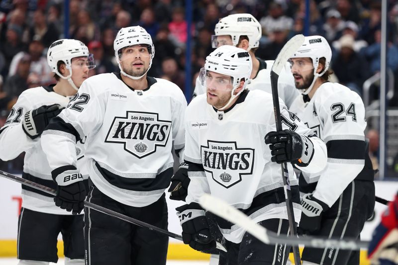 Jan 25, 2025; Columbus, Ohio, USA;  Los Angeles Kings right wing Alex Laferriere (14) celebrates his goal during the third period Columbus Blue Jackets at Nationwide Arena. Mandatory Credit: Joseph Maiorana-Imagn Images