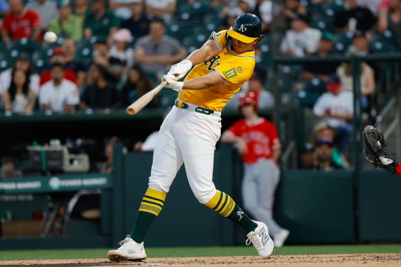 May 20, 2025; West Sacramento, California, USA; Athletics first baseman Nick Kurtz (16) hits a two run home run during the fourth inning against Los Angeles Angels pitcher Kyle Hendricks (28) (not pictured) at Sutter Health Park. Mandatory Credit: Sergio Estrada-Imagn Images