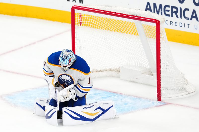 Mar 17, 2026; Las Vegas, Nevada, USA; Buffalo Sabres goaltender Ukko-Pekka Luukkonen (1) makes a save against the Vegas Golden Knights during the third period at T-Mobile Arena. Mandatory Credit: Stephen R. Sylvanie-Imagn Images