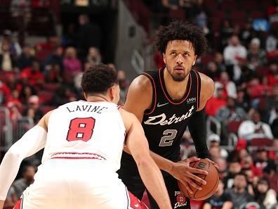 CHICAGO, IL - NOVEMBER 12: Cade Cunningham #2 of the Detroit Pistons handles the ball during the game against the Chicago Bulls on November 12, 2023 at United Center in Chicago, Illinois. NOTE TO USER: User expressly acknowledges and agrees that, by downloading and or using this photograph, User is consenting to the terms and conditions of the Getty Images License Agreement. Mandatory Copyright Notice: Copyright 2023 NBAE (Photo by Gary Dineen/NBAE via Getty Images)