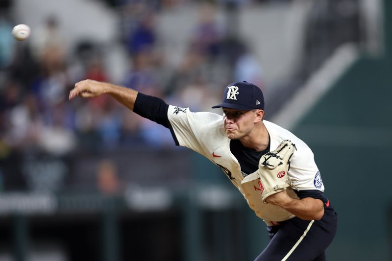 Sep 20, 2024; Arlington, Texas, USA; Texas Rangers pitcher Jack Leiter (35) throws a pitch against the Seattle Mariners in the fourth inning at Globe Life Field. Mandatory Credit: Tim Heitman-Imagn Images