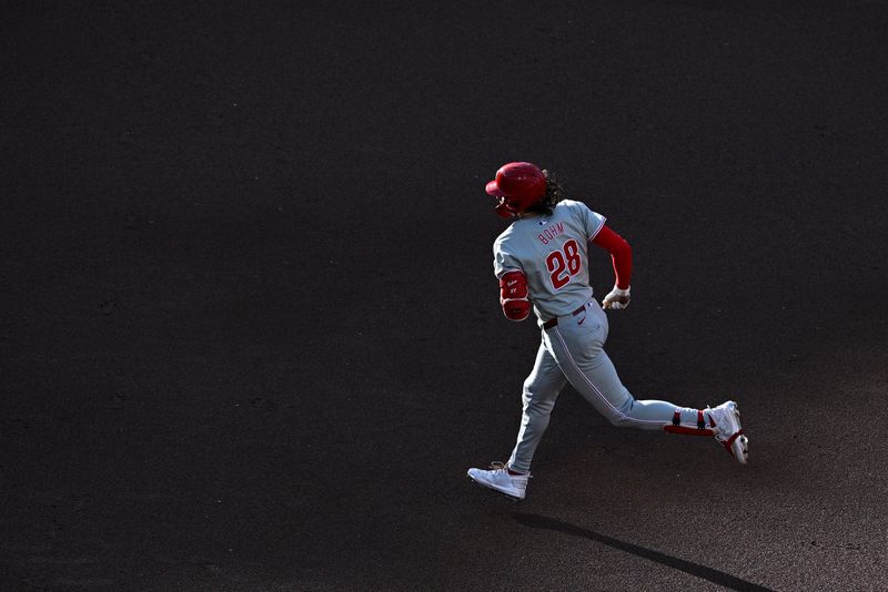 Apr 27, 2024; San Diego, California, USA; Philadelphia Phillies third baseman Alec Bohm (28) rounds the bases after hitting a two-run home run against the San Diego Padres during the first inning at Petco Park. Mandatory Credit: Orlando Ramirez-USA TODAY Sports