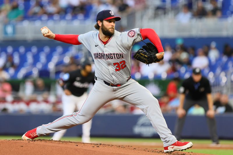 Apr 26, 2024; Miami, Florida, USA; Washington Nationals starting pitcher Trevor Williams (32) delivers a pitch against the Miami Marlins during the first inning at loanDepot Park. Mandatory Credit: Sam Navarro-USA TODAY Sports