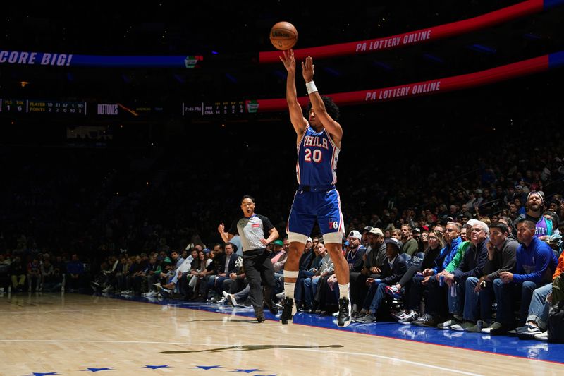 PHILADELPHIA, PA - NOVEMBER 10: Jared McCain #20 of the Philadelphia 76ers shoots the ball during the game against the Charlotte Hornets on November 10, 2024 at the Wells Fargo Center in Philadelphia, Pennsylvania NOTE TO USER: User expressly acknowledges and agrees that, by downloading and/or using this Photograph, user is consenting to the terms and conditions of the Getty Images License Agreement. Mandatory Copyright Notice: Copyright 2024 NBAE (Photo by Jesse D. Garrabrant/NBAE via Getty Images)