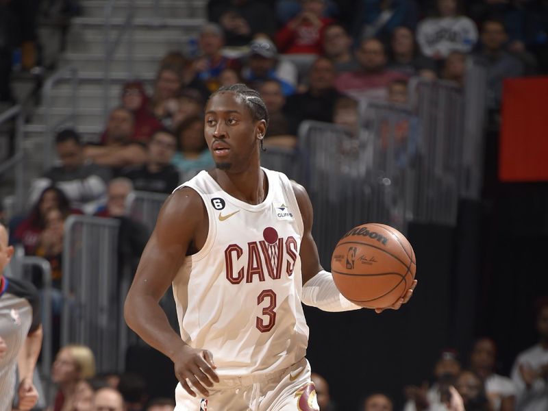 CLEVELAND, OH - FEBRUARY 11: Caris LeVert #3 of the Cleveland Cavaliers dribbles the ball during the game against the Chicago Bulls on February 11, 2023 at Rocket Mortgage FieldHouse in Cleveland, Ohio. NOTE TO USER: User expressly acknowledges and agrees that, by downloading and/or using this Photograph, user is consenting to the terms and conditions of the Getty Images License Agreement. Mandatory Copyright Notice: Copyright 2023 NBAE (Photo by David Liam Kyle/NBAE via Getty Images)