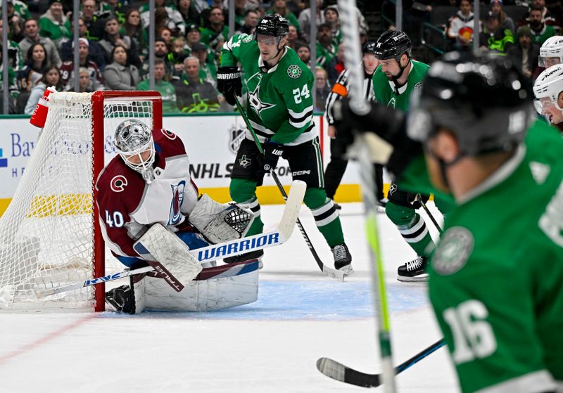 Jan 4, 2024; Dallas, Texas, USA; Dallas Stars center Joe Pavelski (16) scores a power play goal against Colorado Avalanche goaltender Alexandar Georgiev (40) during the second period at the American Airlines Center. Mandatory Credit: Jerome Miron-USA TODAY Sports