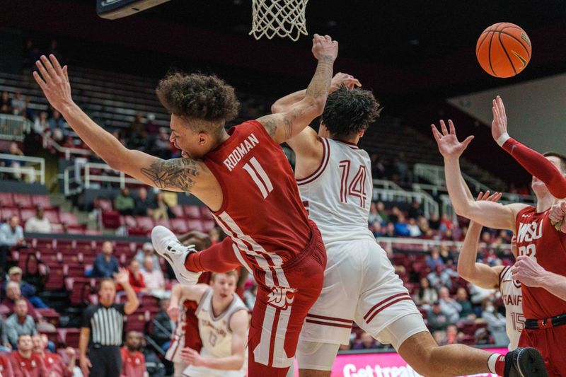 Feb 23, 2023; Stanford, California, USA;  Washington State Cougars forward DJ Rodman (11) and Stanford Cardinal forward Spencer Jones (14) go up for the rebound during the second half at Maples Pavilion. Mandatory Credit: Neville E. Guard-USA TODAY Sports