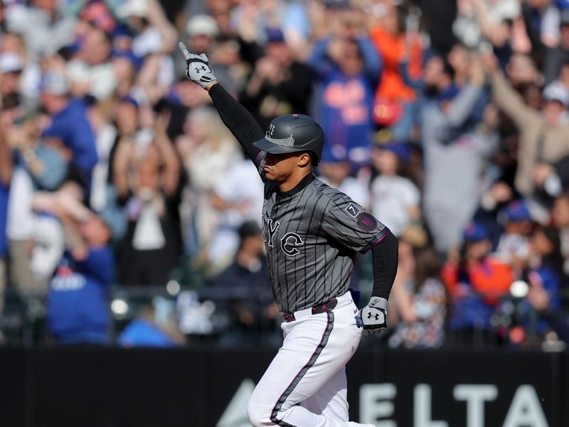 May 31, 2025; New York City, New York, USA; New York Mets right fielder Juan Soto (22) rounds the bases after hitting a solo home run against the Colorado Rockies during the fourth inning at Citi Field. Mandatory Credit: Brad Penner-Imagn Images