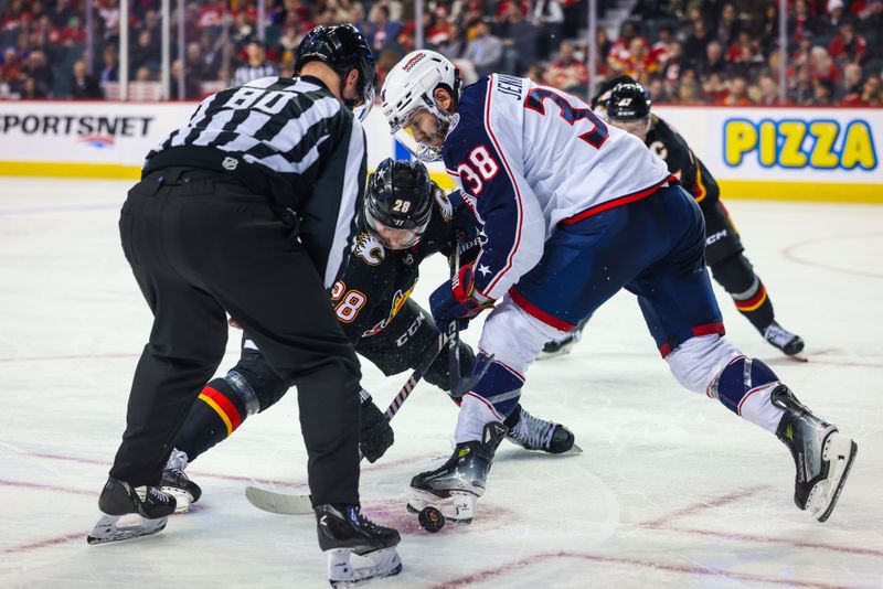 Jan 25, 2024; Calgary, Alberta, CAN; Calgary Flames center Elias Lindholm (28) and Columbus Blue Jackets center Boone Jenner (38) face off for the puck during the third period at Scotiabank Saddledome. Mandatory Credit: Sergei Belski-USA TODAY Sports