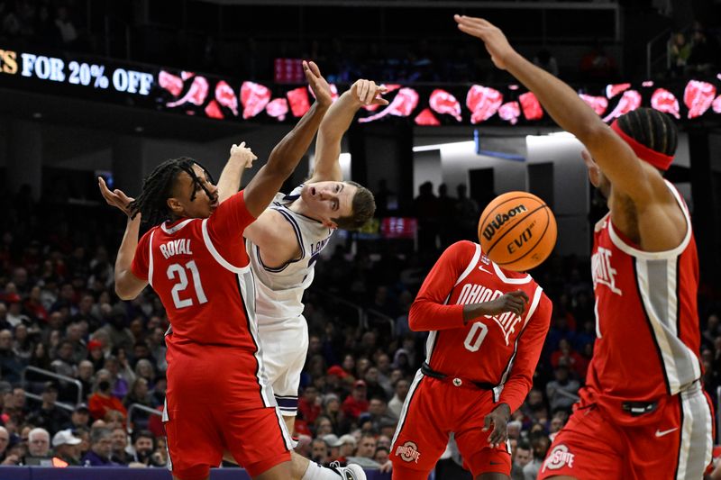 Jan 27, 2024; Evanston, Illinois, USA; Northwestern Wildcats guard Ryan Langborg (5) passes the ball past Ohio State Buckeyes forward Devin Royal (21), Ohio State Buckeyes guard Scotty Middleton (0) and Ohio State Buckeyes guard Roddy Gayle Jr. (1) during the second half  at Welsh-Ryan Arena. Mandatory Credit: Matt Marton-USA TODAY Sports