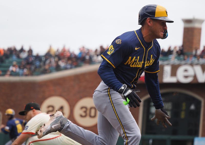 Apr 24, 2025; San Francisco, California, USA; Milwaukee Brewers shortstop Joey Ortiz (3) runs home on a bunt against San Francisco Giants starting pitcher Landen Roupp (65) during the fourth inning at Oracle Park. Mandatory Credit: Kelley L Cox-Imagn Images