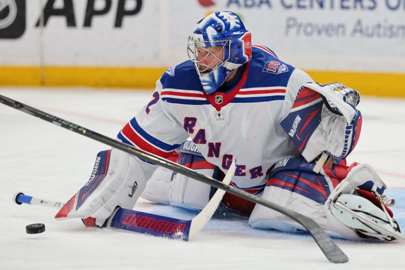 Apr 13, 2026; Sunrise, Florida, USA; New York Rangers goaltender Jonathan Quick (32) makes a save against the Florida Panthers during the first period at Amerant Bank Arena. Mandatory Credit: Sam Navarro-Imagn Images Apr 13, 2026; Sunrise, Florida, USA; New York Rangers goaltender Jonathan Quick (32) makes a save against the Florida Panthers during the first period at Amerant Bank Arena. Mandatory Credit: Sam Navarro-Imagn Images