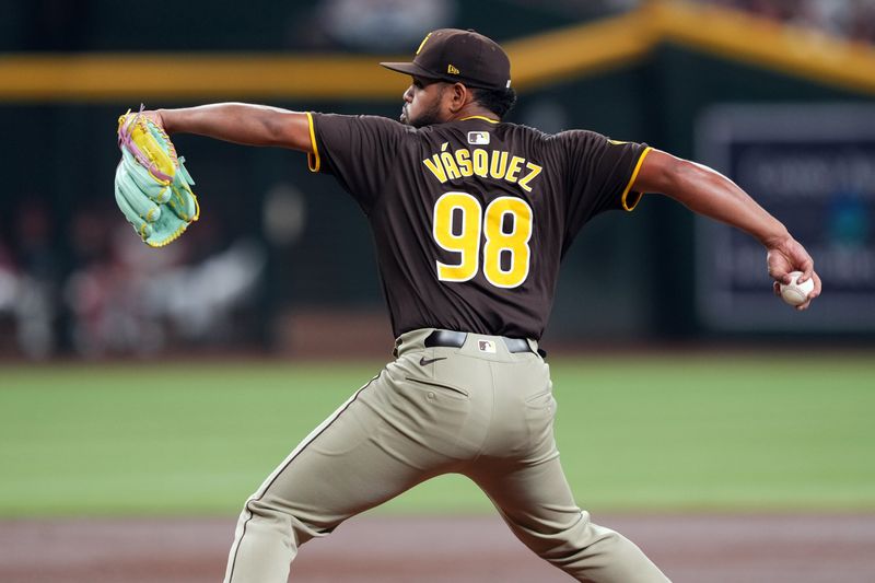 Sep 28, 2024; Phoenix, Arizona, USA; San Diego Padres pitcher Randy Vasquez pitches against the Arizona Diamondbacks during the first inning at Chase Field. Mandatory Credit: Joe Camporeale-Imagn Images