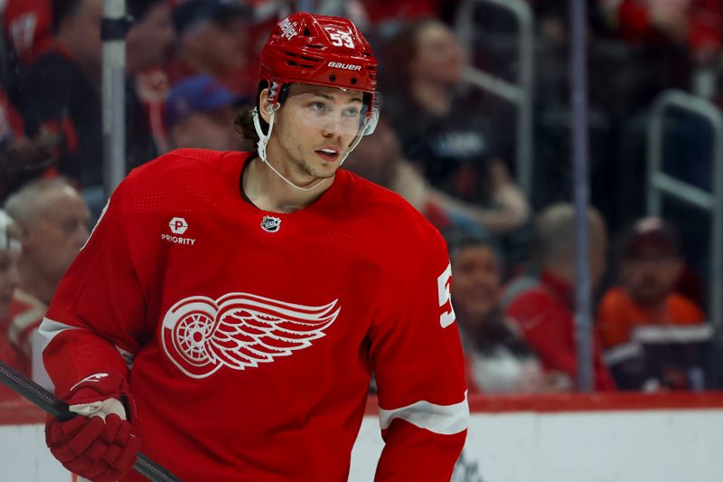 Apr 9, 2024; Detroit, Michigan, USA; Detroit Red Wings defenseman Moritz Seider (53) skates in the first period against the Washington Capitals at Little Caesars Arena. Mandatory Credit: Rick Osentoski-USA TODAY Sports