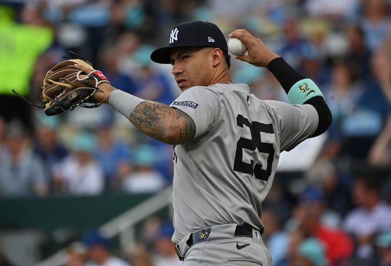 Jun 11, 2024; Kansas City, Missouri, USA; New York Yankees second baseman Gleyber Torres (25) warms up before a game against the Kansas City Royals at Kauffman Stadium. Mandatory Credit: Peter Aiken-USA TODAY Sports