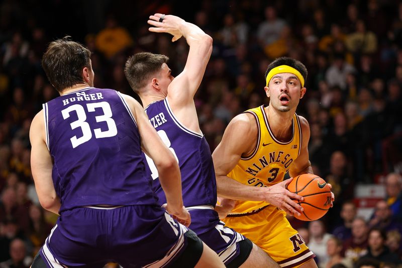 Feb 3, 2024; Minneapolis, Minnesota, USA; Minnesota Golden Gophers forward Dawson Garcia (3) works around Northwestern Wildcats guard Brooks Barnhizer (13) during the first half at Williams Arena. Mandatory Credit: Matt Krohn-USA TODAY Sports