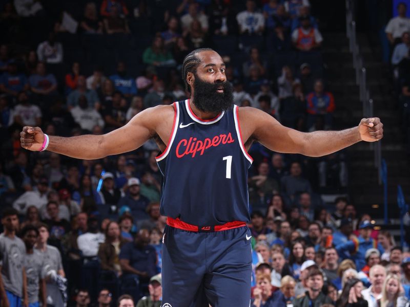 OKLAHOMA CITY, OK - NOVEMBER 11: James Harden #1 of the LA Clippers looks on during the game against the Oklahoma City Thunder on November 11, 2024 at Paycom Center in Oklahoma City, Oklahoma. NOTE TO USER: User expressly acknowledges and agrees that, by downloading and or using this photograph, User is consenting to the terms and conditions of the Getty Images License Agreement. Mandatory Copyright Notice: Copyright 2024 NBAE (Photo by Nathaniel S. Butler/NBAE via Getty Images)