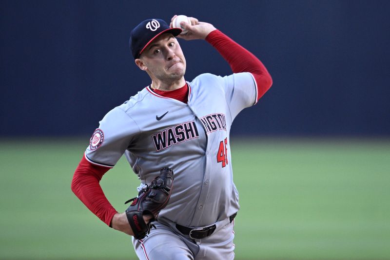 Jun 24, 2024; San Diego, California, USA; Washington Nationals starting pitcher Patrick Corbin (46) pitches against the San Diego Padres during the first inning at Petco Park. Mandatory Credit: Orlando Ramirez-USA TODAY Sports