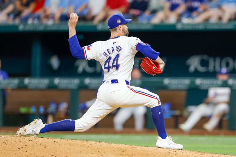 May 1, 2024; Arlington, Texas, USA; Texas Rangers pitcher Andrew Heaney (44) throws during the seventh inning against the Washington Nationals at Globe Life Field. Mandatory Credit: Andrew Dieb-USA TODAY Sports