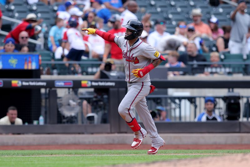 Jul 28, 2024; New York City, New York, USA; Atlanta Braves shortstop Orlando Arcia (11) rounds the bases after hitting a solo home run against the New York Mets during the seventh inning at Citi Field. Mandatory Credit: Brad Penner-USA TODAY Sports