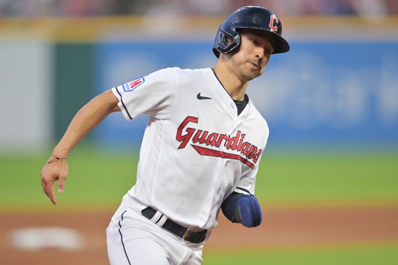 Jul 3, 2023; Cleveland, Ohio, USA; Cleveland Guardians left fielder Steven Kwan (38) rounds third base en route to scoring during the seventh inning against the Atlanta Braves at Progressive Field. Mandatory Credit: Ken Blaze-USA TODAY Sports