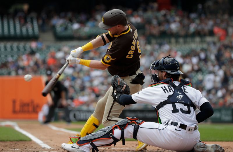 Jul 23, 2023; Detroit, Michigan, USA; San Diego Padres infielder Jake Cronenworth (9) bats during the third inning at Comerica Park. Mandatory Credit: Brian Bradshaw Sevald-USA TODAY Sports