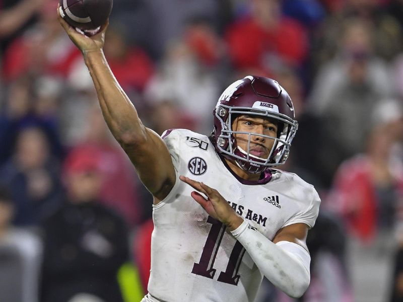 Nov 23, 2019; Athens, GA, USA; Texas A&M Aggies quarterback Kellen Mond (11) passes the ball against the Georgia Bulldogs during the second half at Sanford Stadium. Mandatory Credit: Dale Zanine-USA TODAY Sports