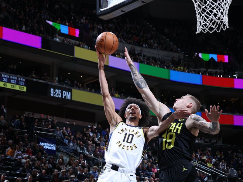 SALT LAKE CITY, UT - JANUARY 15: Kendall Brown #10 of the Indiana Pacers shoots the ball during the game against the Utah Jazz on January 15, 2024 at Delta Center in Salt Lake City, Utah. NOTE TO USER: User expressly acknowledges and agrees that, by downloading and or using this Photograph, User is consenting to the terms and conditions of the Getty Images License Agreement. Mandatory Copyright Notice: Copyright 2024 NBAE (Photo by Melissa Majchrzak/NBAE via Getty Images)