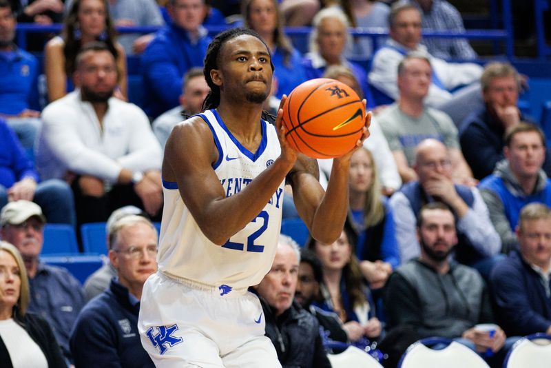 Jan 28, 2023; Lexington, Kentucky, USA; Kentucky Wildcats guard Cason Wallace (22) shoots the ball during the second half against the Kansas Jayhawks at Rupp Arena at Central Bank Center. Mandatory Credit: Jordan Prather-USA TODAY Sports