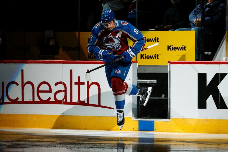 Nov 7, 2023; Denver, Colorado, USA; Colorado Avalanche defenseman Cale Makar (8) skates out during player introductions before the game against the New Jersey Devils at Ball Arena. Mandatory Credit: Isaiah J. Downing-USA TODAY Sports