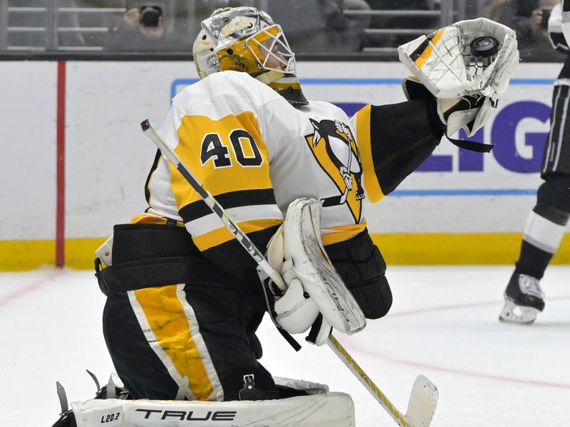 Feb 11, 2023; Los Angeles, California, USA;  Pittsburgh Penguins goaltender Dustin Tokarski (40) makes a save in the second period against the Los Angeles Kings at Crypto.com Arena. Mandatory Credit: Jayne Kamin-Oncea-USA TODAY Sports