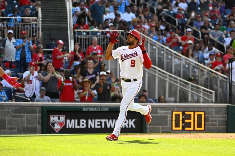 May 20, 2023; Washington, District of Columbia, USA; Washington Nationals third baseman Jeimer Candelario (9) reacts after hitting a solo home run against the Detroit Tigers during the fourth inning at Nationals Park. Mandatory Credit: Brad Mills-USA TODAY Sports