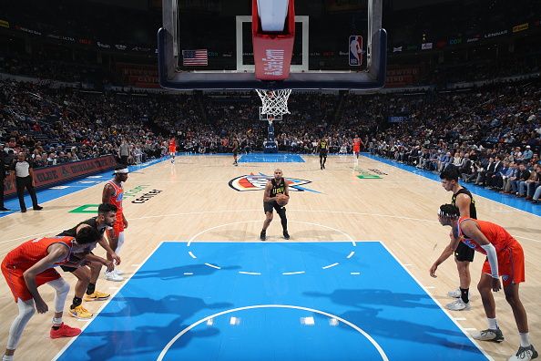 OKLAHOMA CITY, OK - DECEMBER 11: Talen Horton-Tucker #5 of the Utah Jazz prepares to shoot a free throw during the game against the Oklahoma City Thunder on December 11, 2023 at Paycom Arena in Oklahoma City, Oklahoma. NOTE TO USER: User expressly acknowledges and agrees that, by downloading and or using this photograph, User is consenting to the terms and conditions of the Getty Images License Agreement. Mandatory Copyright Notice: Copyright 2023 NBAE (Photo by Zach Beeker/NBAE via Getty Images)