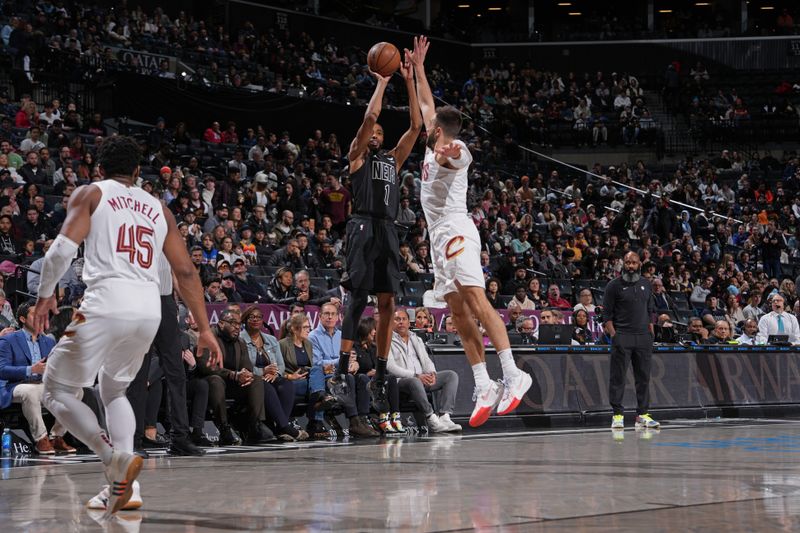 BROOKLYN, NY - FEBRUARY 8: Mikal Bridges #1 of the Brooklyn Nets shoots the ball during the game against the Cleveland Cavaliers on February 8, 2024 at Barclays Center in Brooklyn, New York. NOTE TO USER: User expressly acknowledges and agrees that, by downloading and or using this Photograph, user is consenting to the terms and conditions of the Getty Images License Agreement. Mandatory Copyright Notice: Copyright 2024 NBAE (Photo by Jesse D. Garrabrant/NBAE via Getty Images)