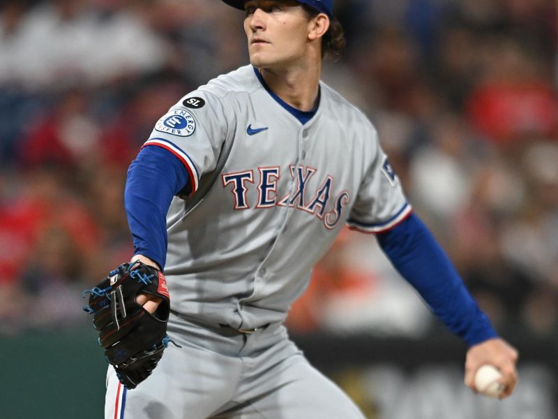 Sep 27, 2025; Cleveland, Ohio, USA; Texas Rangers starting pitcher Jacob Latz (67) throws a pitch against the Cleveland Guardians during the first inning at Progressive Field. Mandatory Credit: Ken Blaze-Imagn Images